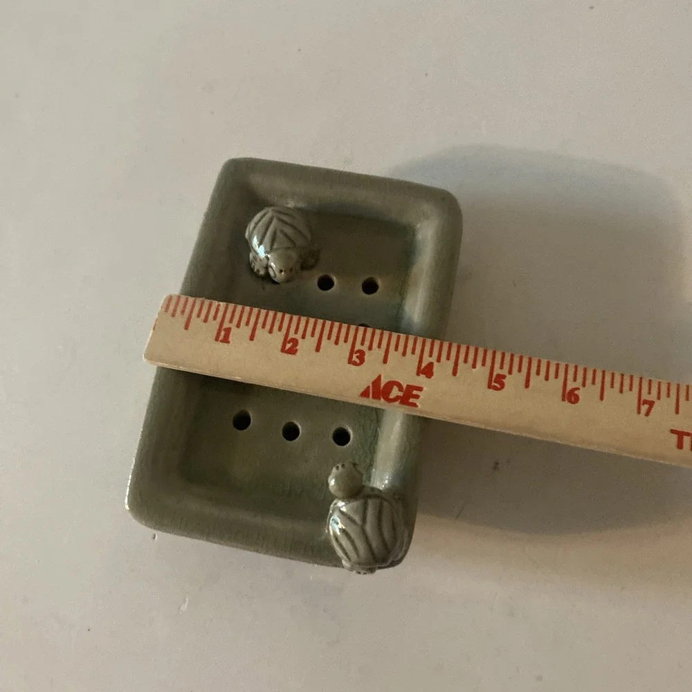 Whimisical Sage Green Soap Dish With Drain Holes Turtles Glazed Pottey